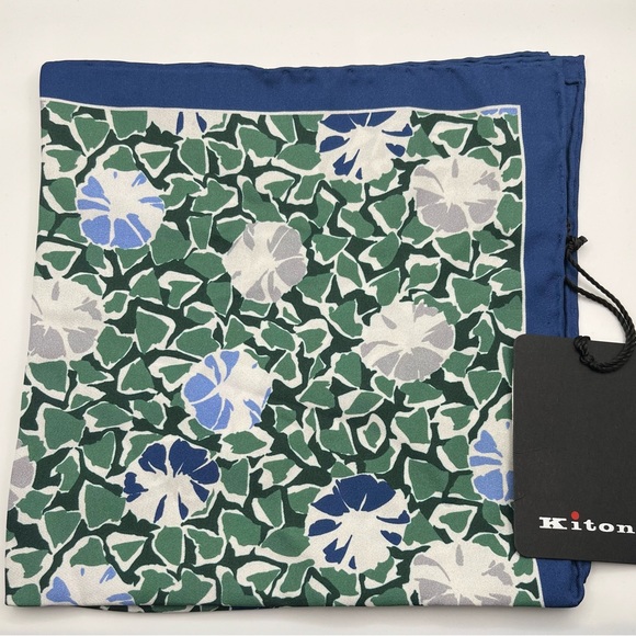 100% NWT KITON Silk Pocket Square Green - White - Blue. (15 X 15) - Picture 1 of 5